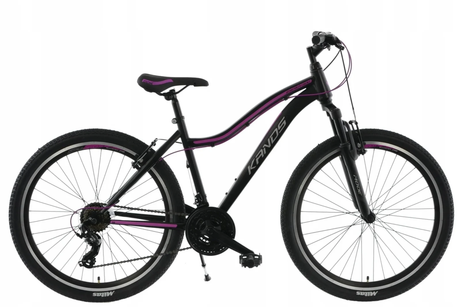 Svart mountainbike med rosa detaljer