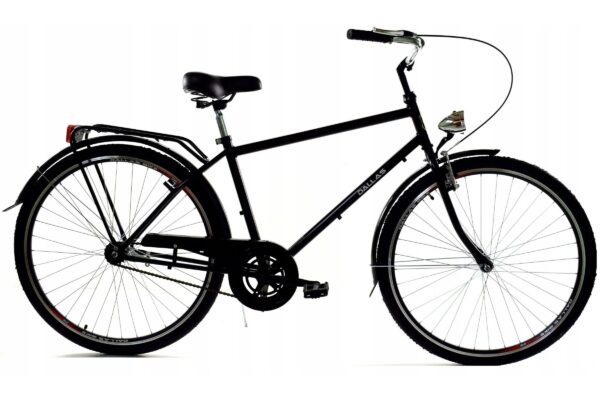 Svart herrcykel med pakethållare och cykelbelysning