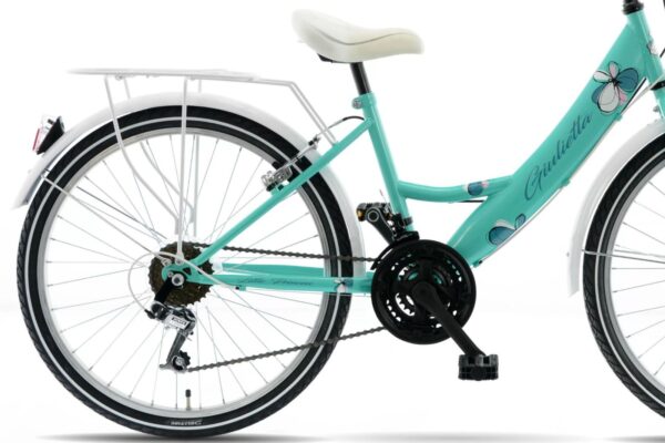 Rower dziecięcy w kolorze miętowym z dekoracjami.