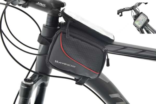 Cykelväska på styret med mobilhållare.