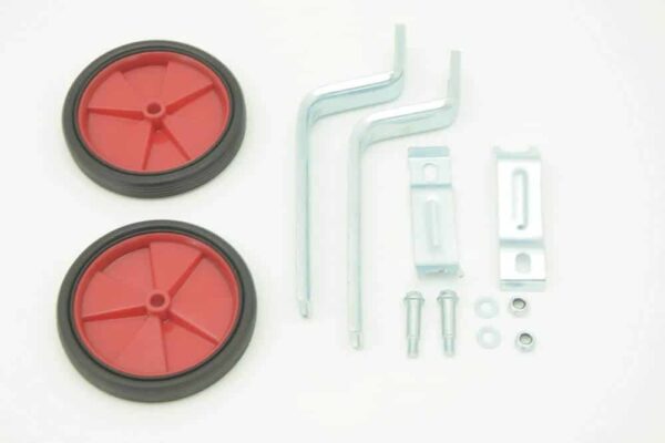 Stödhjul för cykel med fästen och skruvar.