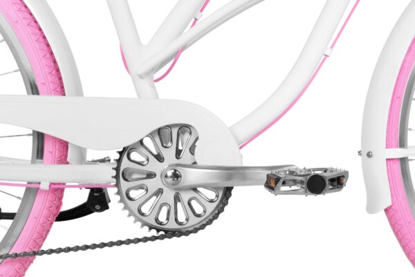 Biały rower z różowymi oponami i mechanizmem napędowym.