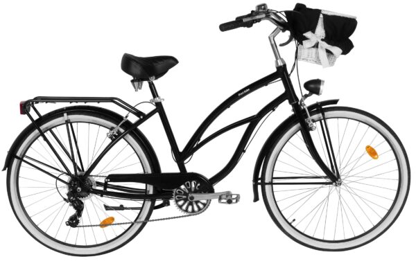 Czarny rower z koszykiem na kierownicy.