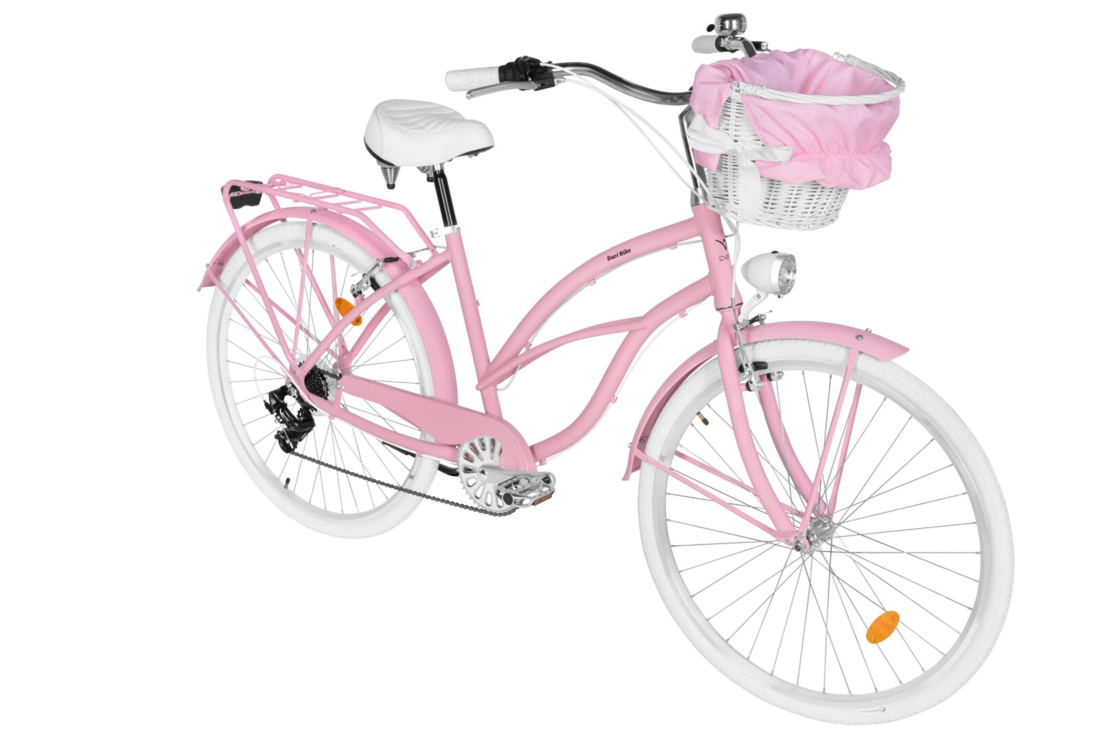 Różowy rower z koszem i białymi kołami.