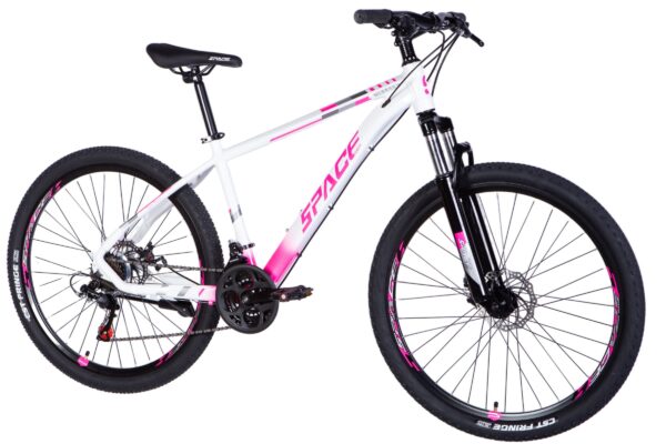 Vit mountainbike med rosa detaljer och skivbromsar.