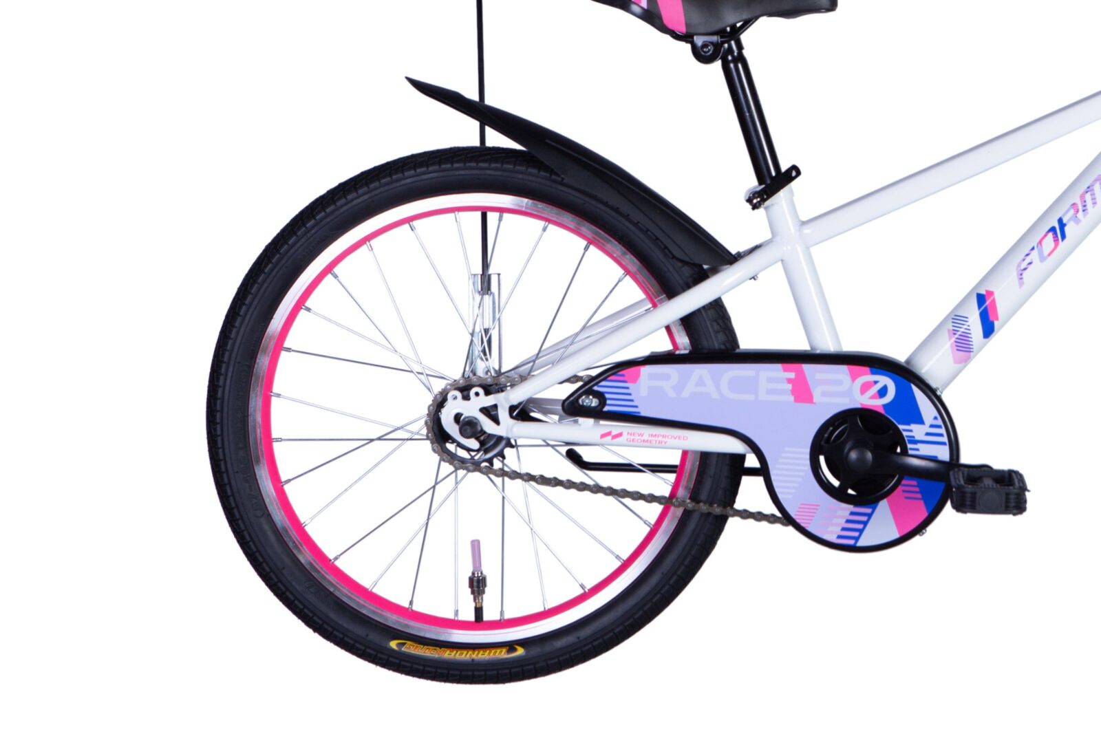 Rower z różowymi akcentami i mechanicznymi elementami.