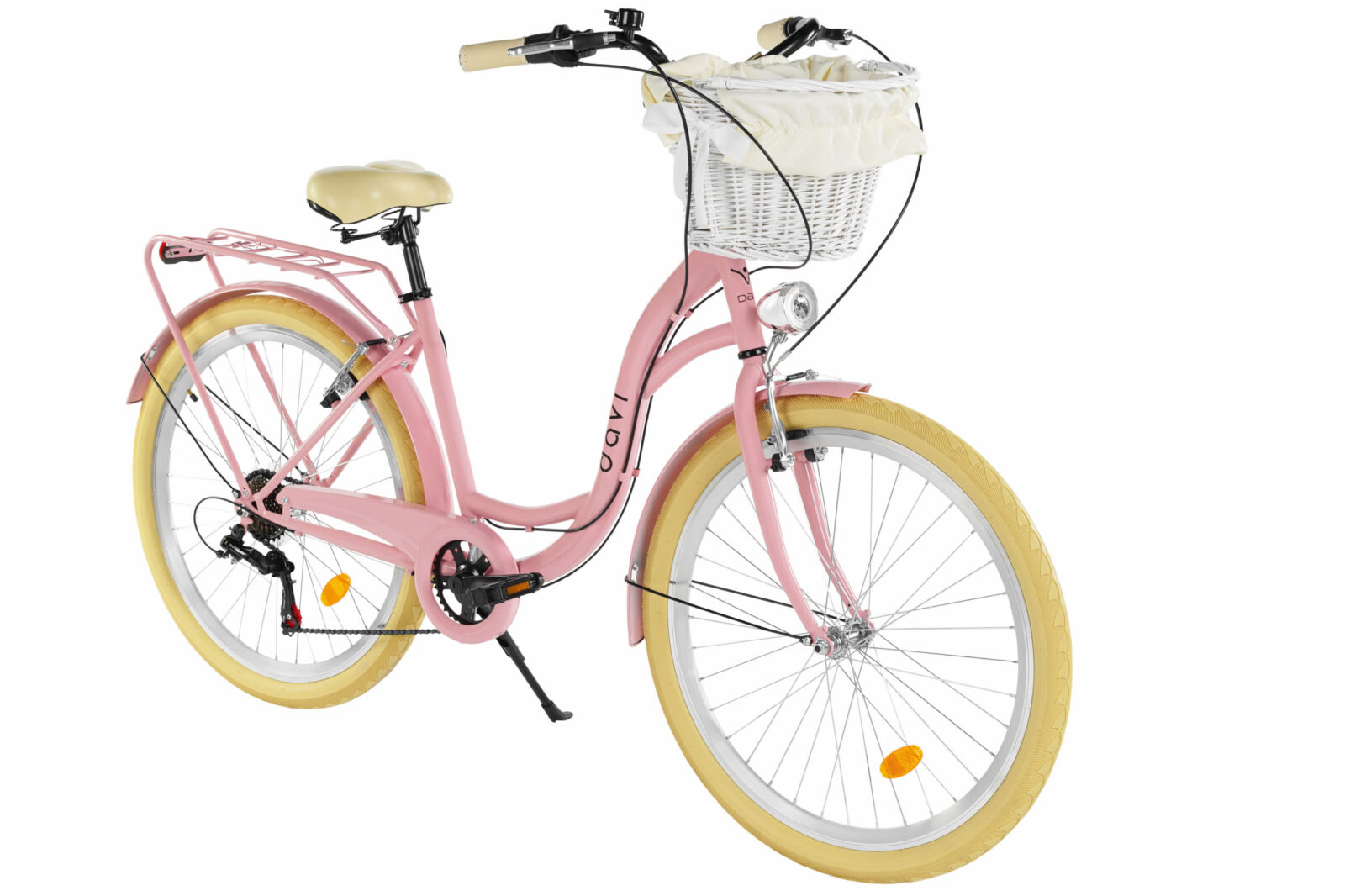Rosa cykel med korg fram och beige däck.