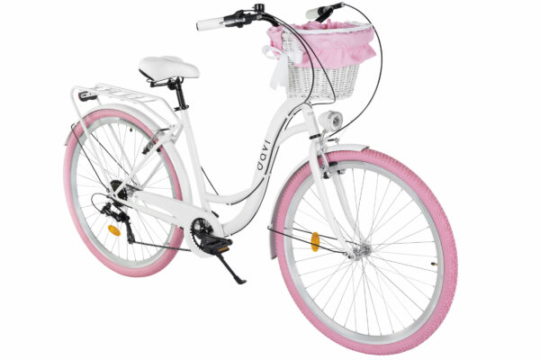 Vit cykel med rosa däck och korg framtill.