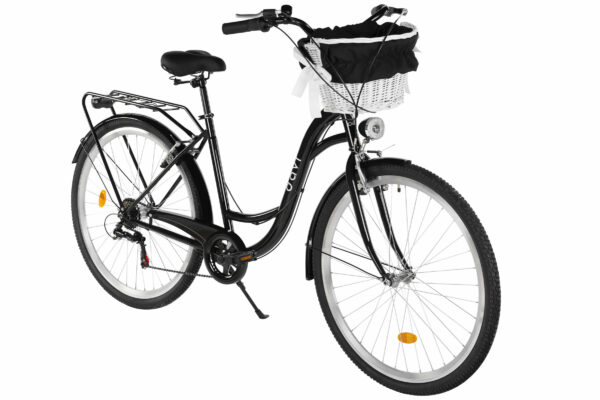 Svart cykel med korg fram och pakethållare.