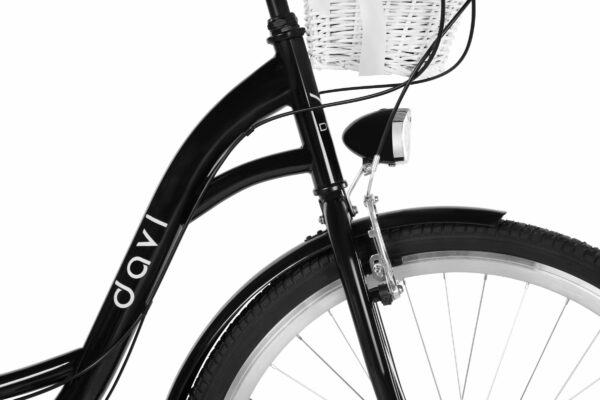 Svart cykel framgaffel med vit korg