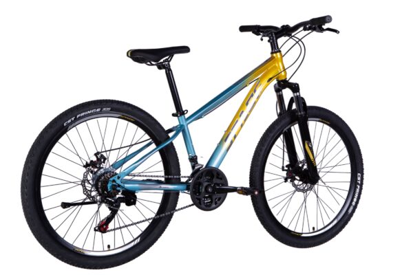 Blå och gul mountainbike, sidovy