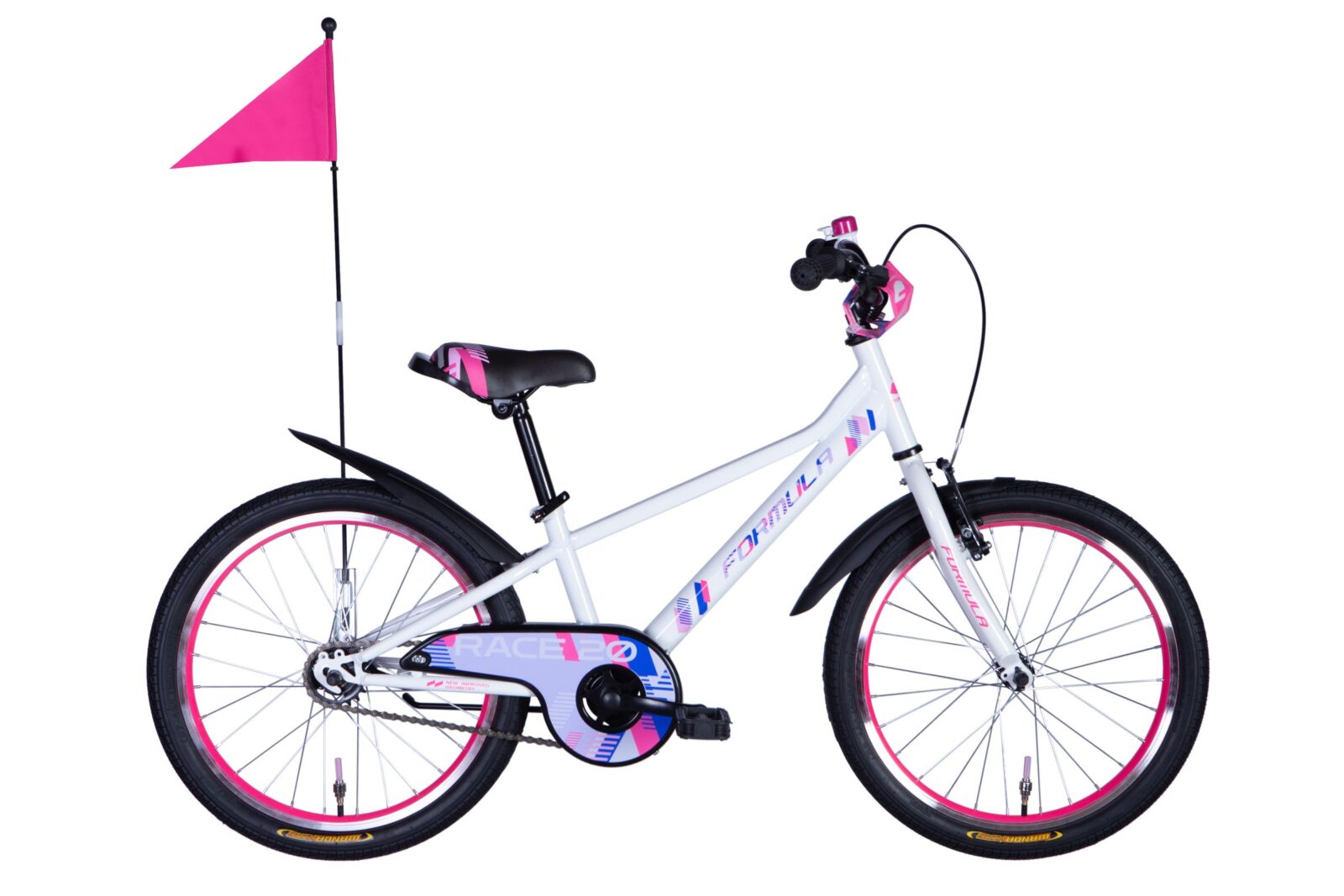 Rower dziecięcy z różową flagą i detalami
