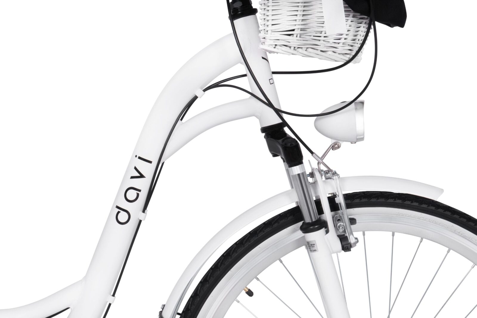 Biała rowerowa rama z koszykiem i lampką
