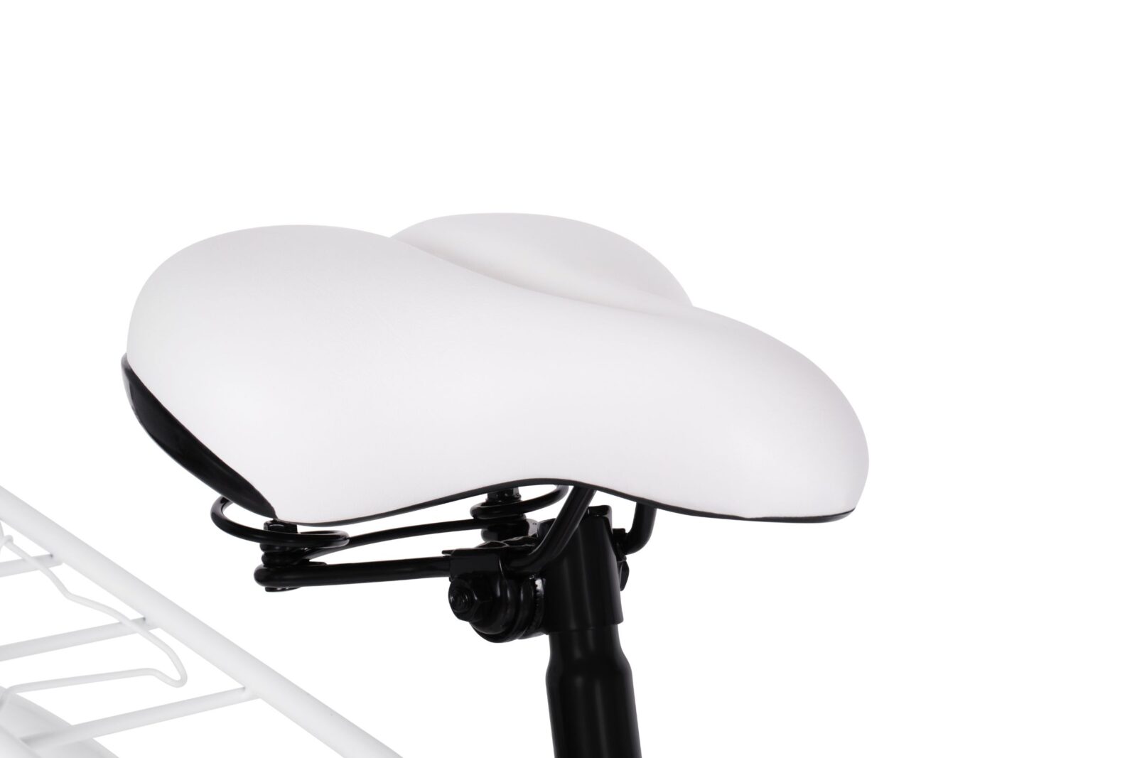 Biały rowerowy siodełko z czarnym mocowaniem.