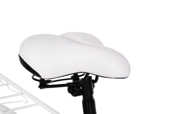 Biały rowerowy siodełko z czarnym mocowaniem.