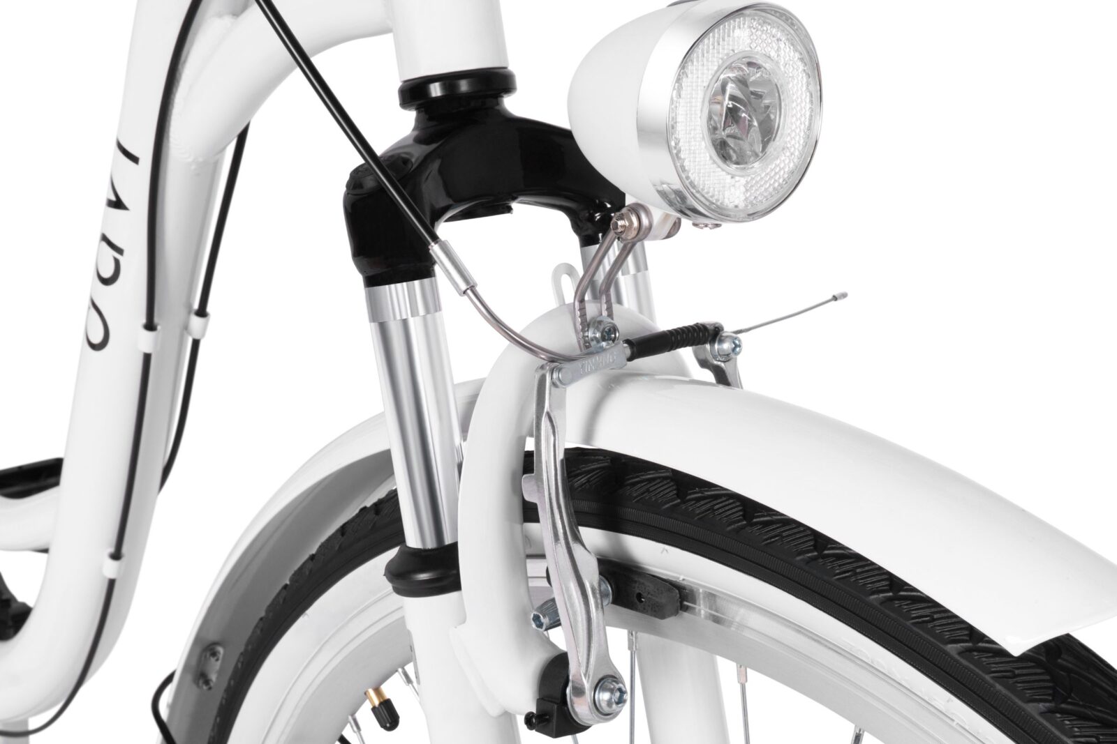 Detale białego roweru z lampą i hamulcem