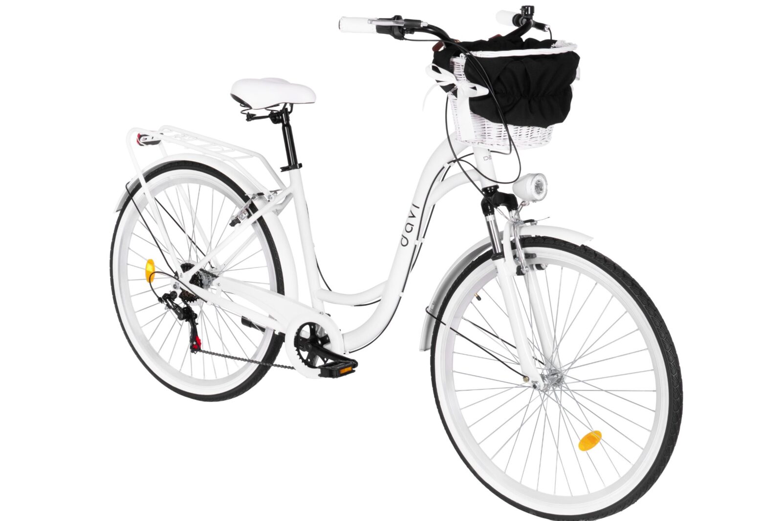 Biały rower miejski z koszykiem na zakupy