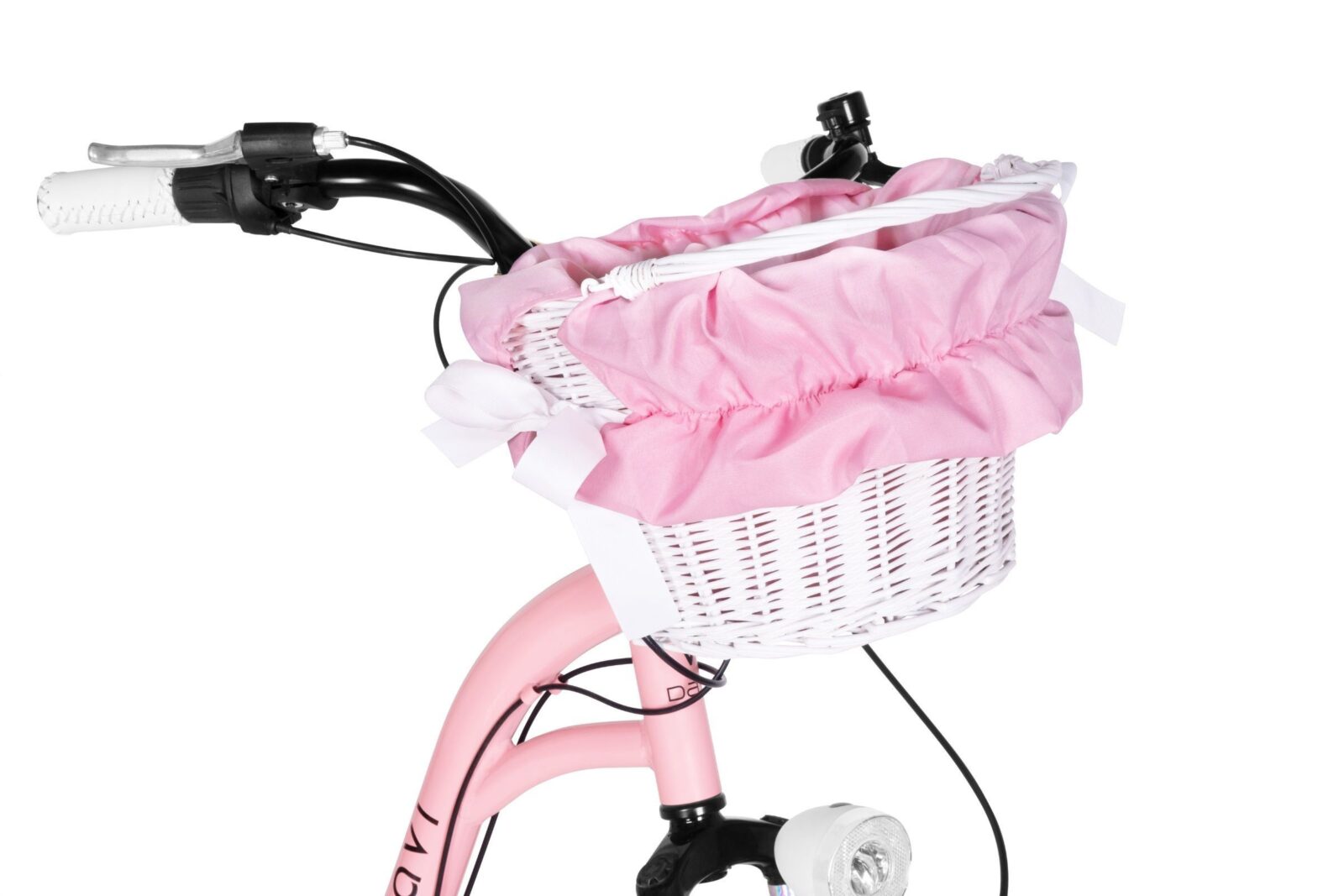 Różowy koszyk na rowerze z białym wykończeniem