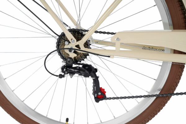 Bakväxel på beige cykel, närbild av kedja.