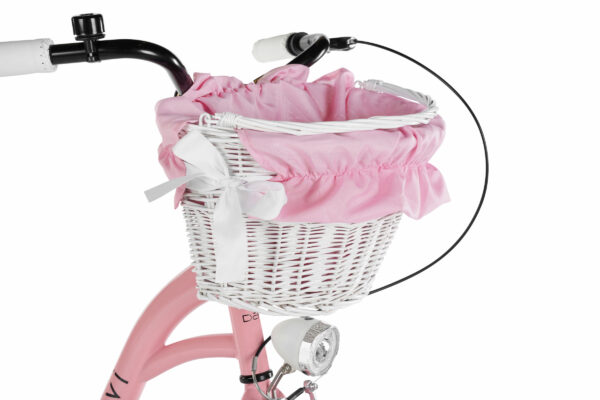 Cykelkorg med rosa tyg och vita rosetter