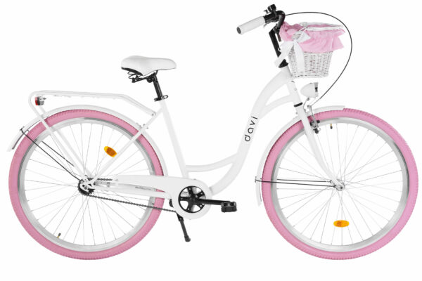 Vit cykel med rosa däck och korg fram.