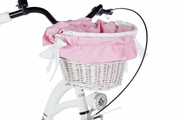 Vit cykelkorg med rosa tygöverdrag.