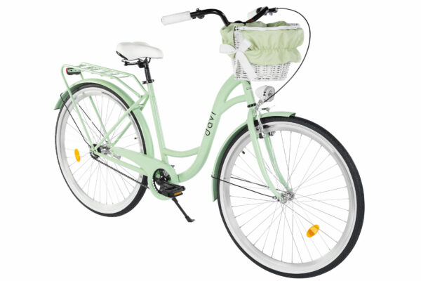 Grön cykel med vit korg och sadel