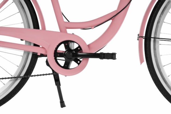 Rosa cykelram och kedja med hjul