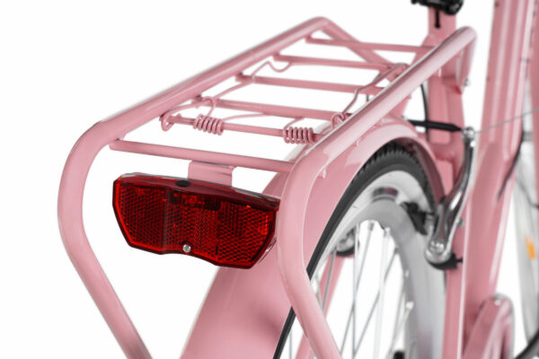 Rosa cykel med bakljus och pakethållare