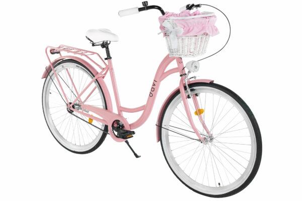 Rosa cykel med korg och vit sadel