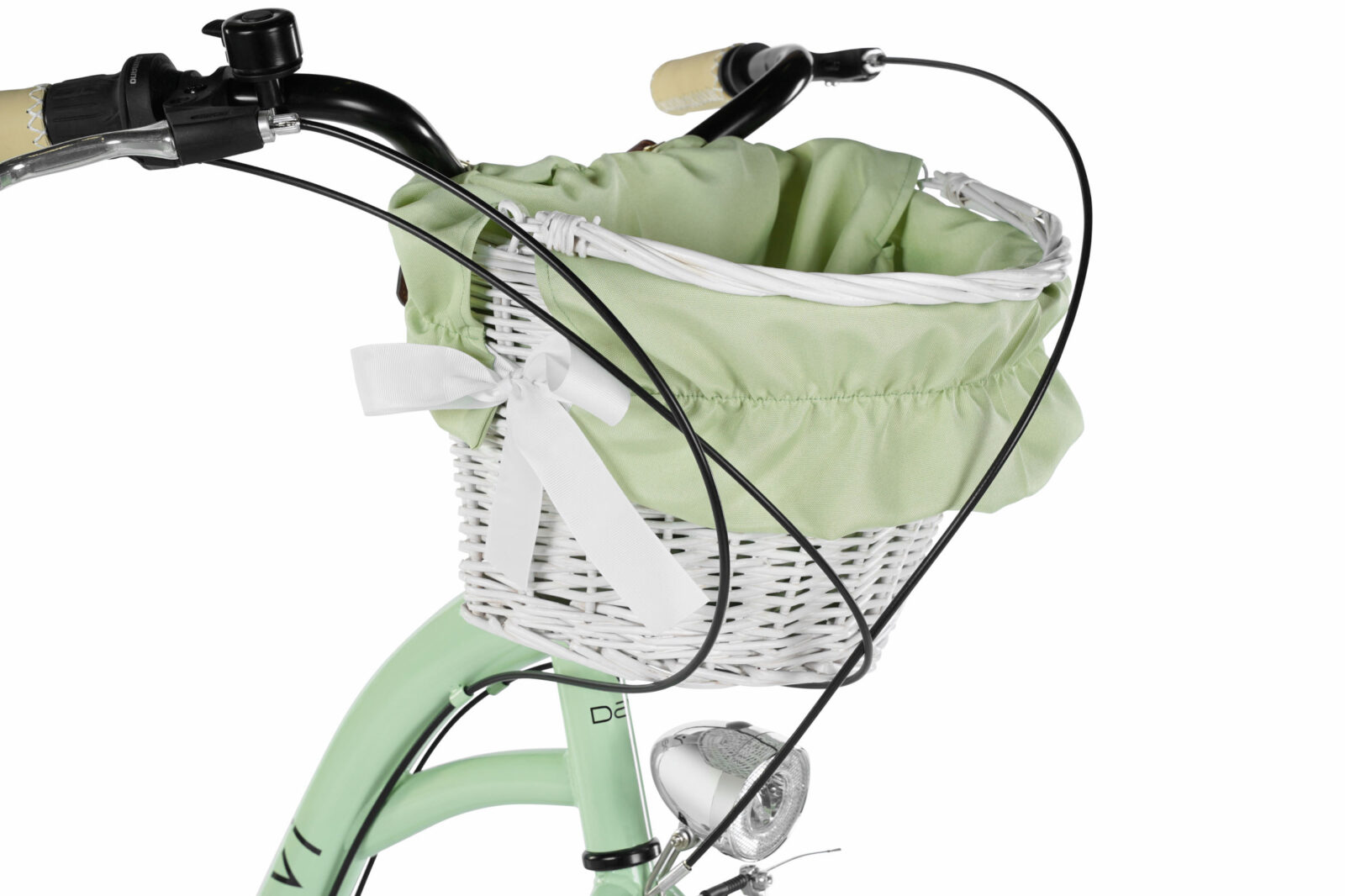 Cykelkorg med grönt tyg och vit rosett