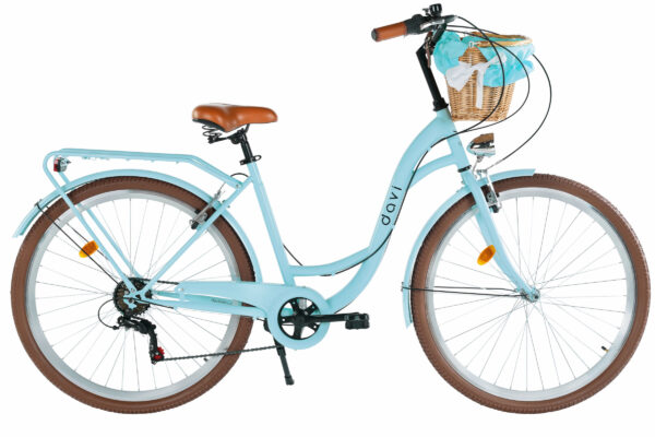 Niebieski rower z koszykiem na przednim kierownicy.