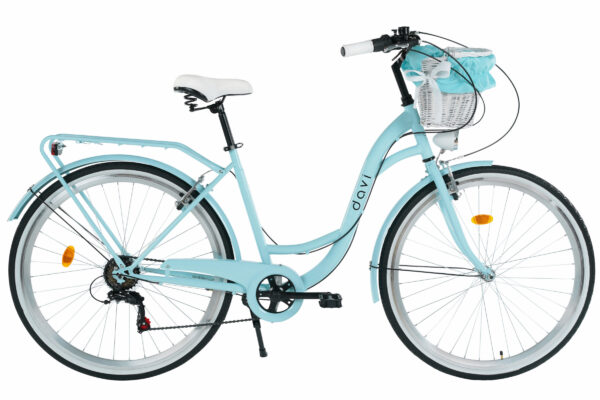 Blå damcykel med korg framtill.