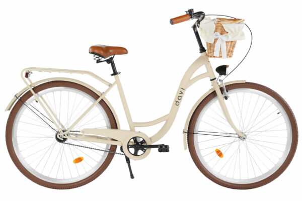 Vintage cykel med korg och brunt lädersäte