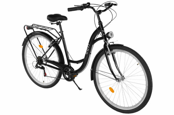 Czarny rower miejski z koszykiem na bagaż.