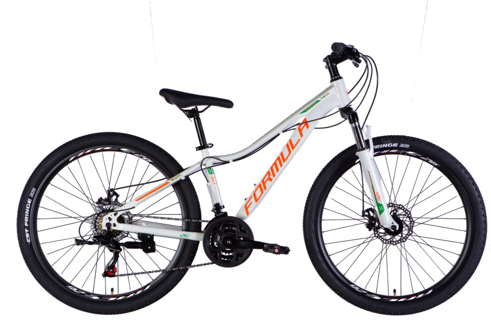 Biały rower górski z pomarańczowymi akcentami