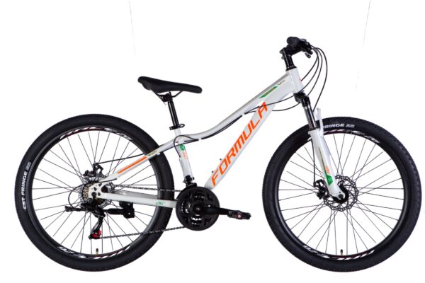 Biały rower górski z pomarańczowymi akcentami