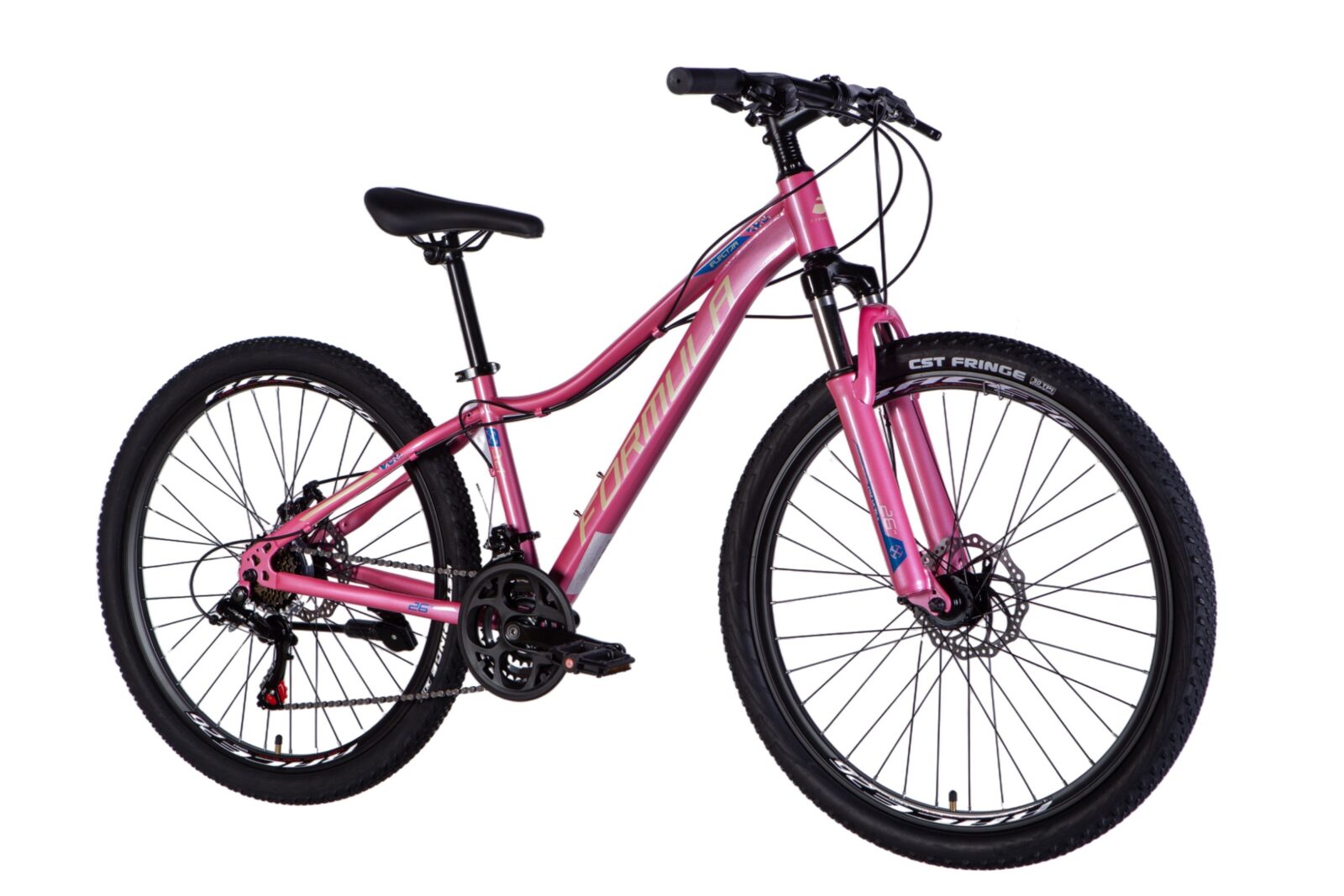 Różowy rower górski z dużymi oponami.