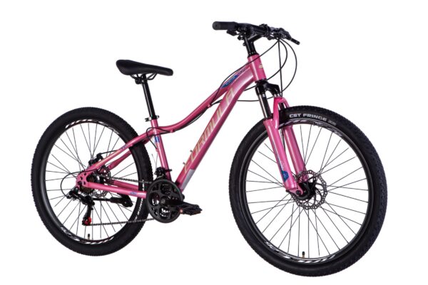 Różowy rower górski z dużymi oponami.
