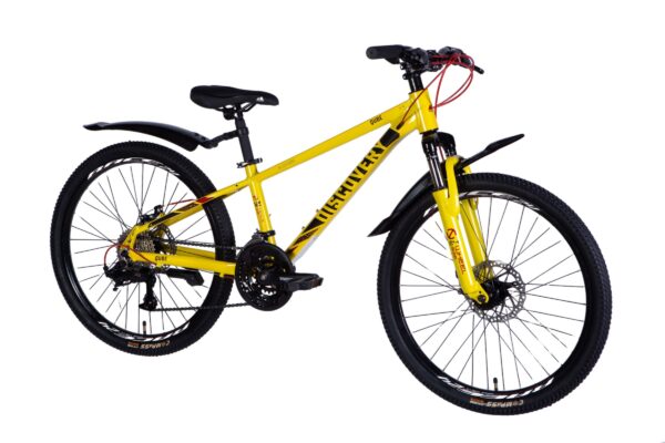 Gul mountainbike med svart sadel och däck