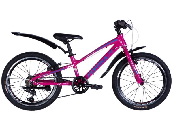 Rosa barncykel med svarta detaljer, sida vy.