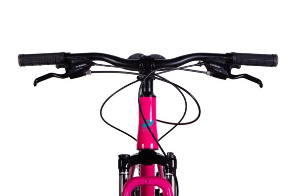 Różowe kierownice rowerowe z czarnymi manetkami