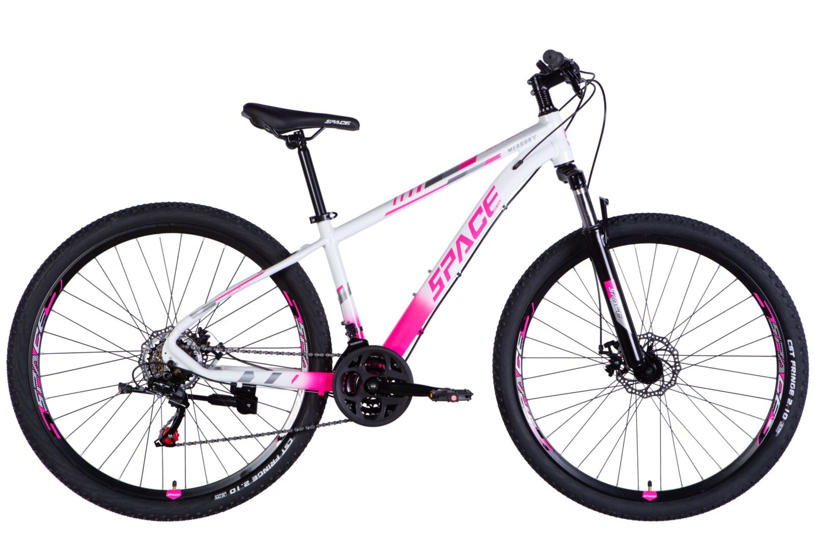 Rower górski w kolorze białym i różowym.