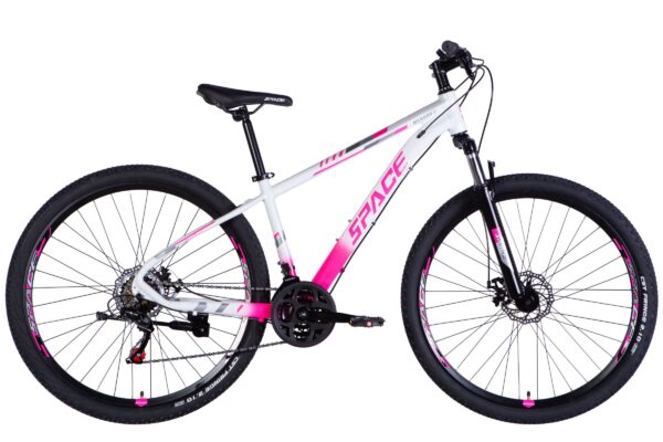 Rower górski w kolorze białym i różowym.