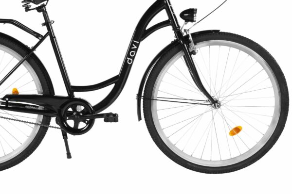 Czarne rower miejski z widocznym kołem.