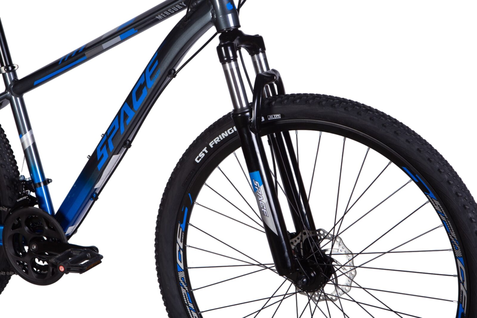 Rower górski z niebieskimi detalami.