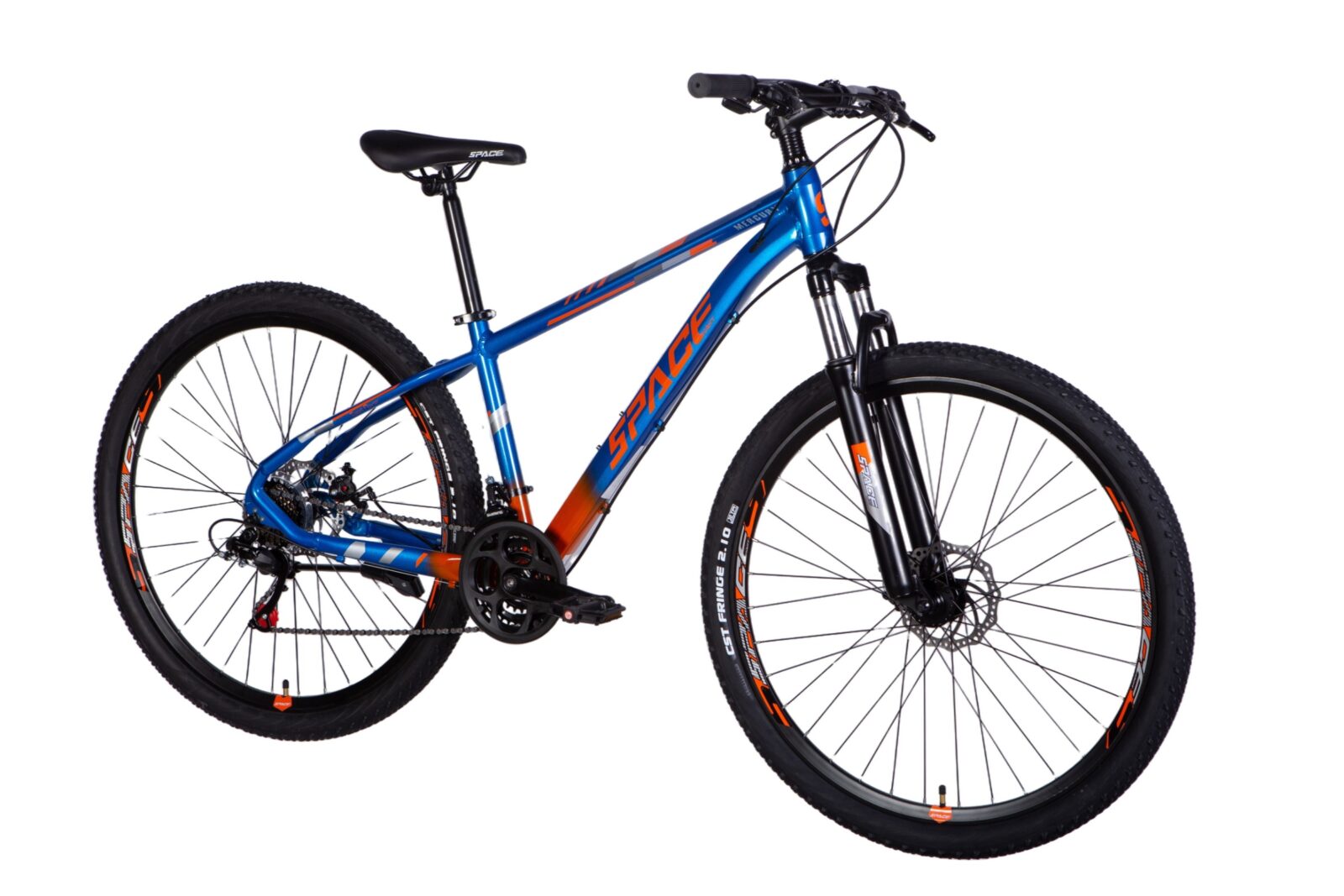 Niebieski rower górski z pomarańczowymi akcentami