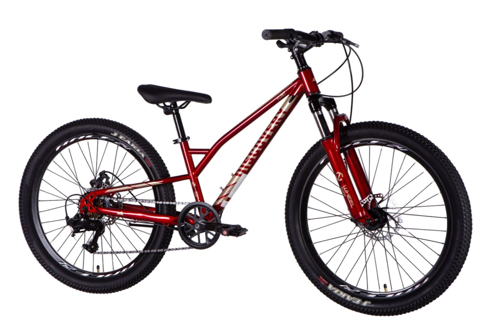 Czerwony rower górski z szerokimi oponami.