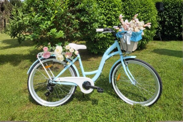 Niebieski rower z kwiatami w koszyku.