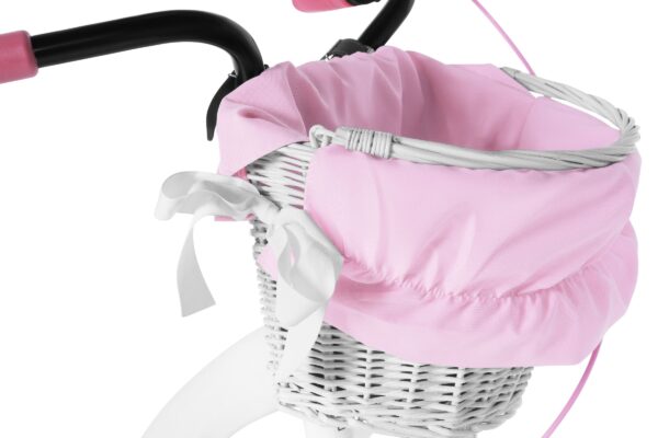 Różowy koszyk na rowerze dla dzieci.